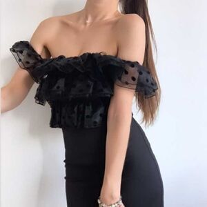 NWT ZARA Off The Shoulder Black Bodycon Sheer Ruffle Dot Cocktail Party Dress S